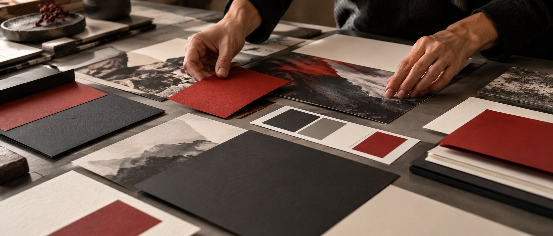 Designer arranging printed samples and brand stationery at Creative Hub