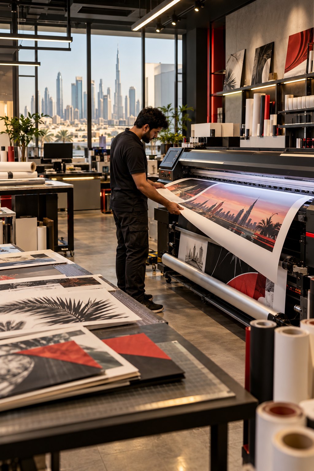 Creative Hub team member checking freshly printed materials in the studio