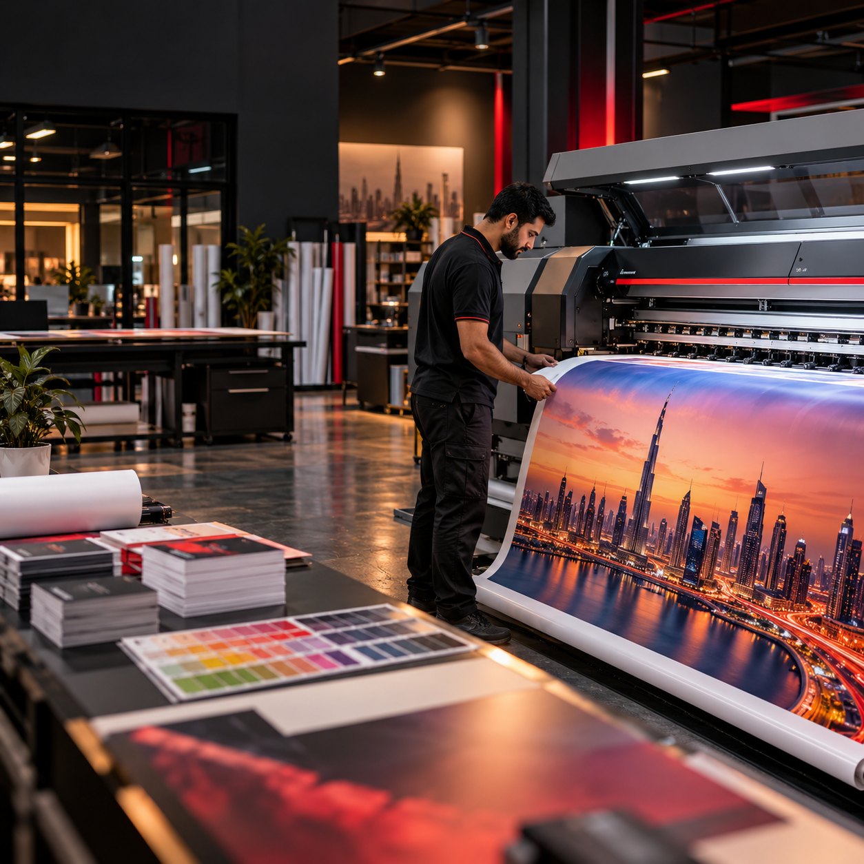 Commercial print studio producing a large format Dubai city banner